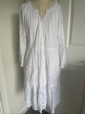 Rubyaya vintage 100% cotton White Eyelet Long Sleeve Boho Dress Coastal Cowgirl